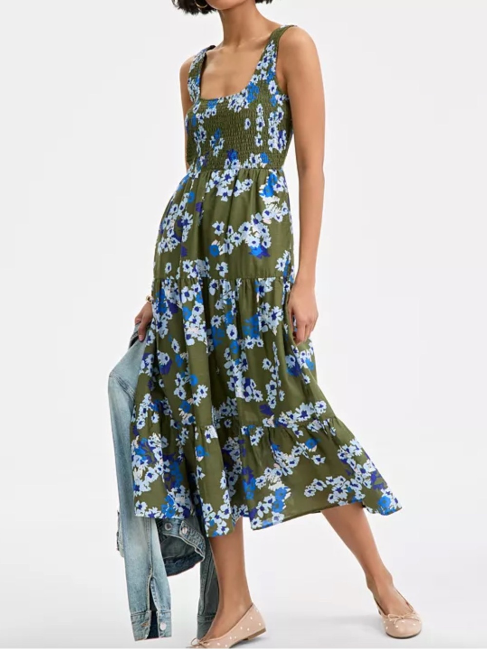 On 34th Printed Smocked Tiered Scoop-Neck Tank Midi Dress Multicolor Size L NWT